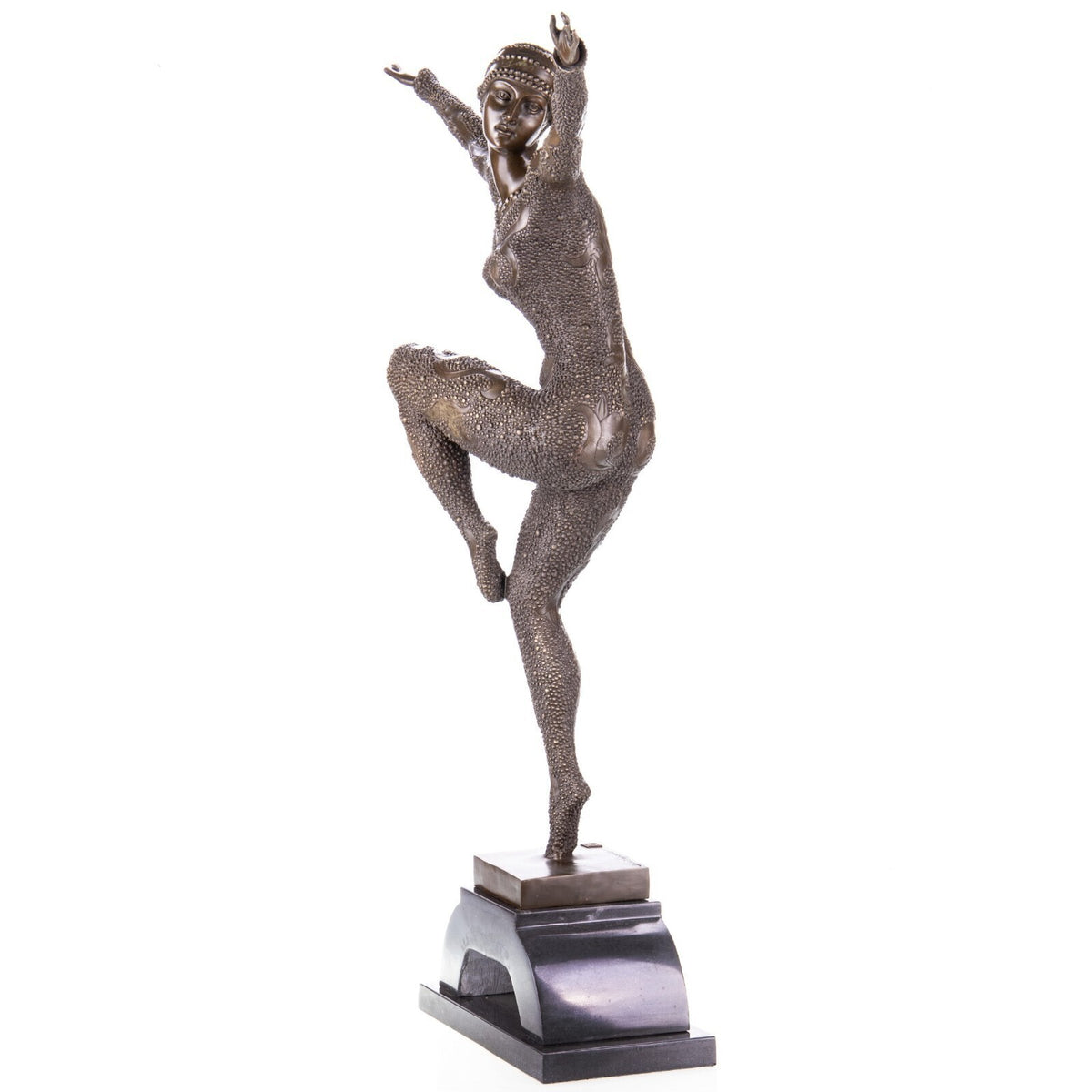Bronze Skulptur Tänzerin nach D.H Chiparus auf Marmorsockel – signiert, 70 cm