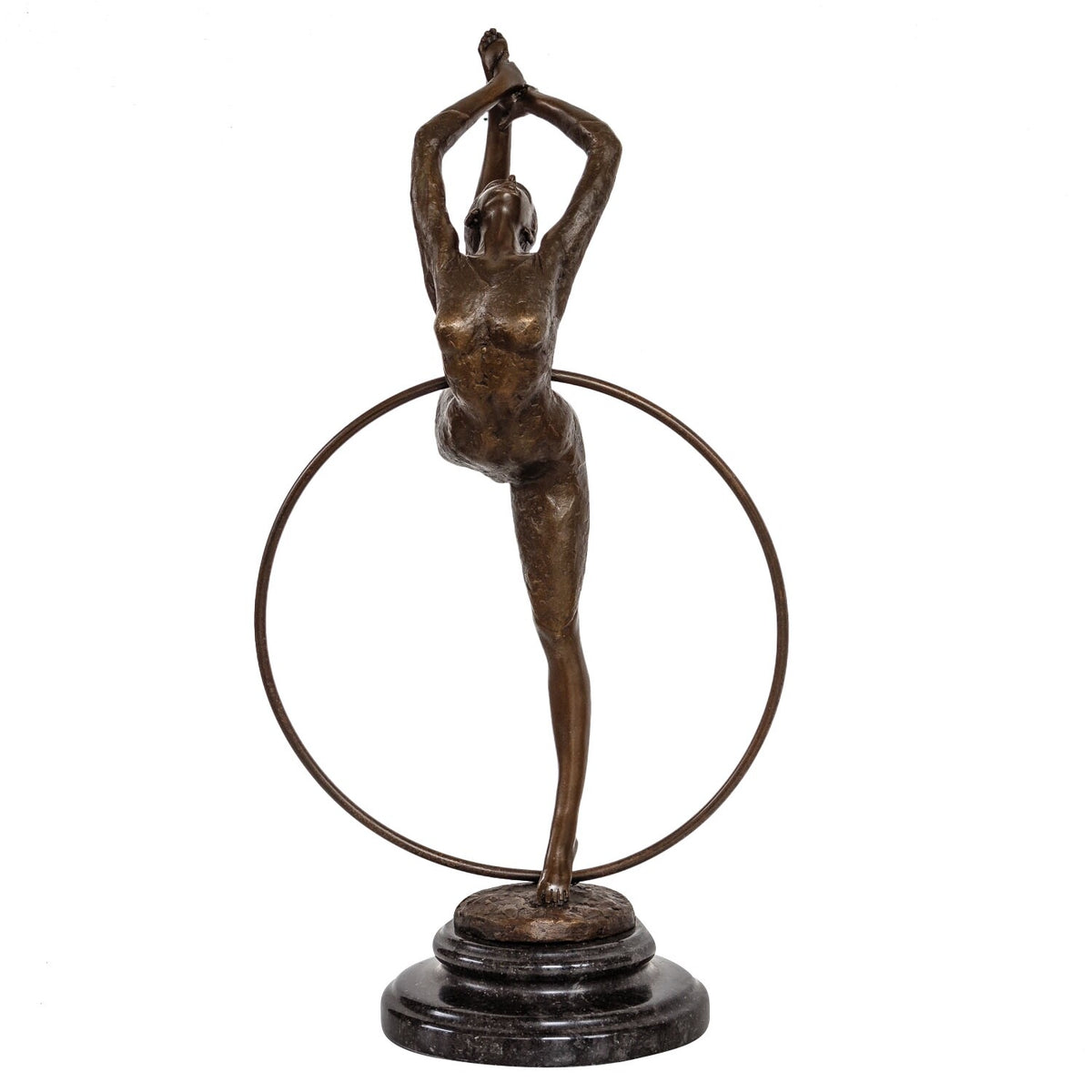 Bronze Skulptur Tänzerin mit Reifen - signierte Tanzfigur auf Marmorsockel