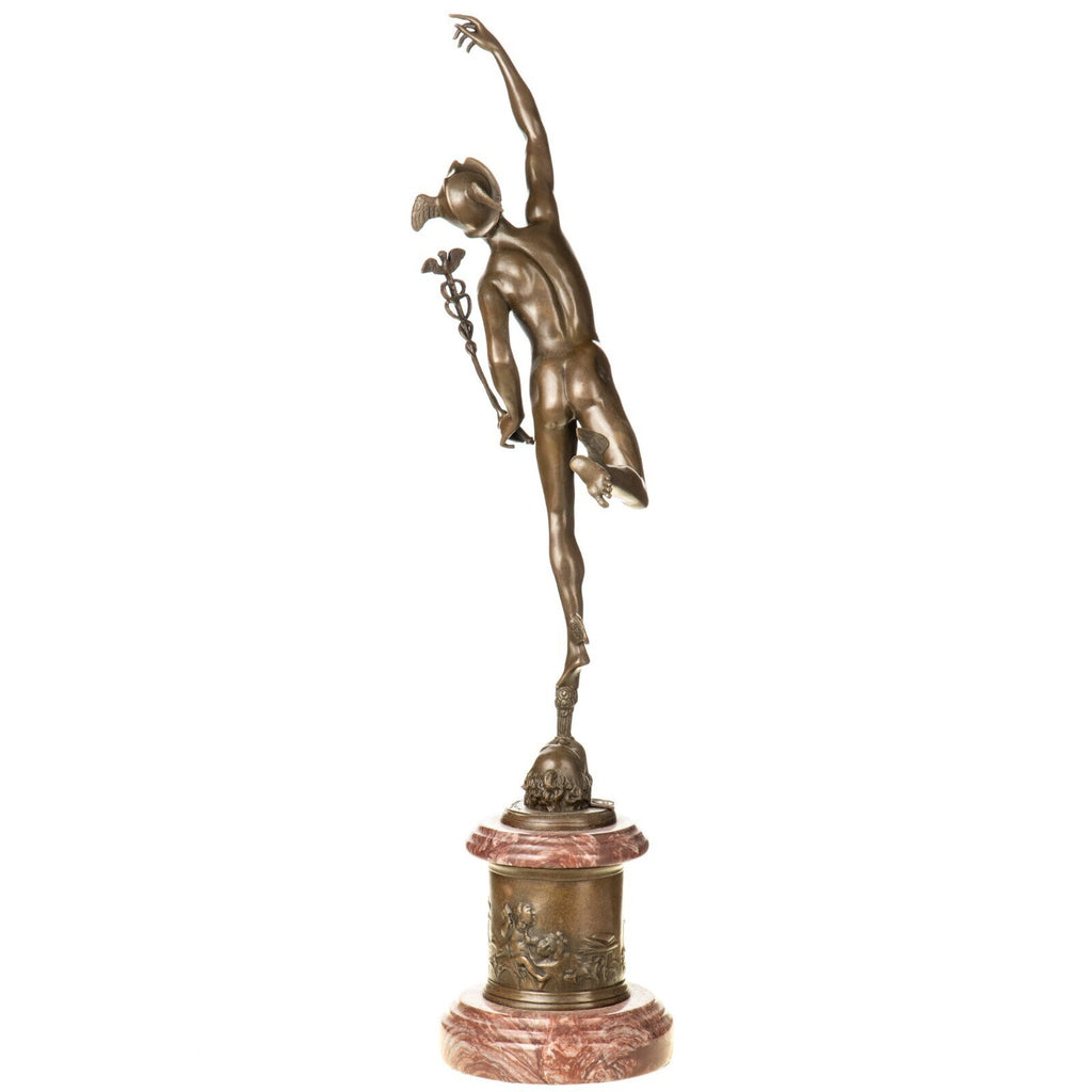 Bronze Skulptur Gott Hermes mit Hermesstab auf Marmorsockel – signiert, 50 cm