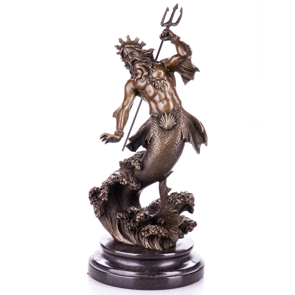 Bronze Skulptur Neptun / Poseidon - signierte Mythologie Figur auf Marmorsockel