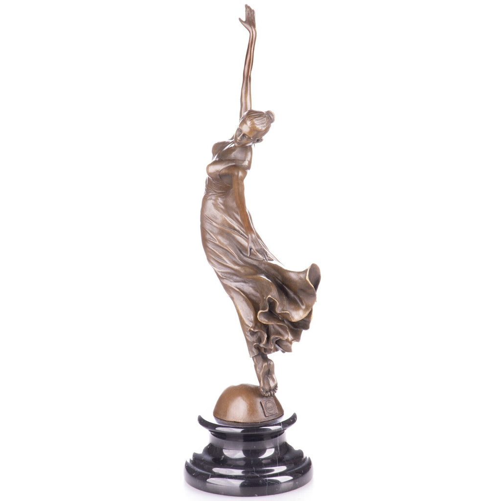 Bronze Skulptur Tänzerin auf Marmorsockel – dynamische Tanzfigur signiert