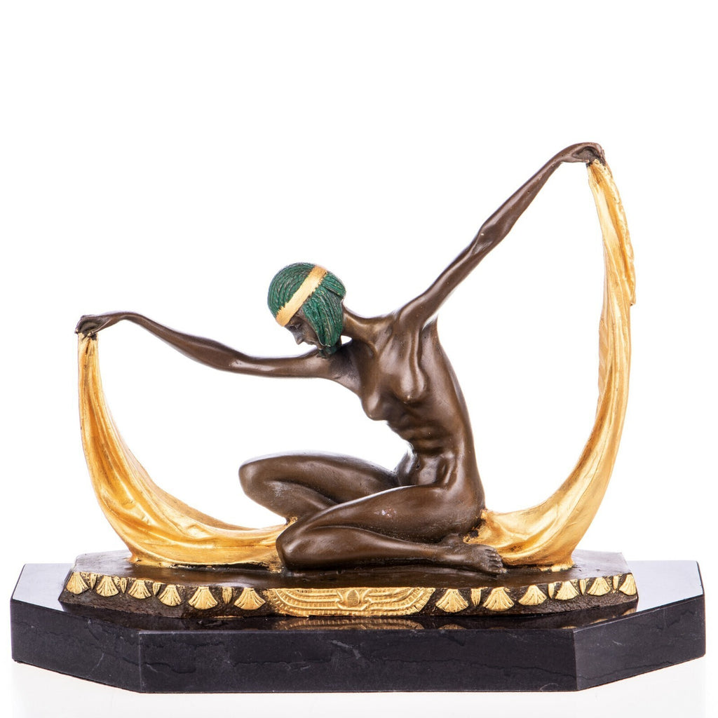 Art Déco Bronze Skulptur Tänzerin mit Tuch – signierte Frauenfigur Marmorsockel