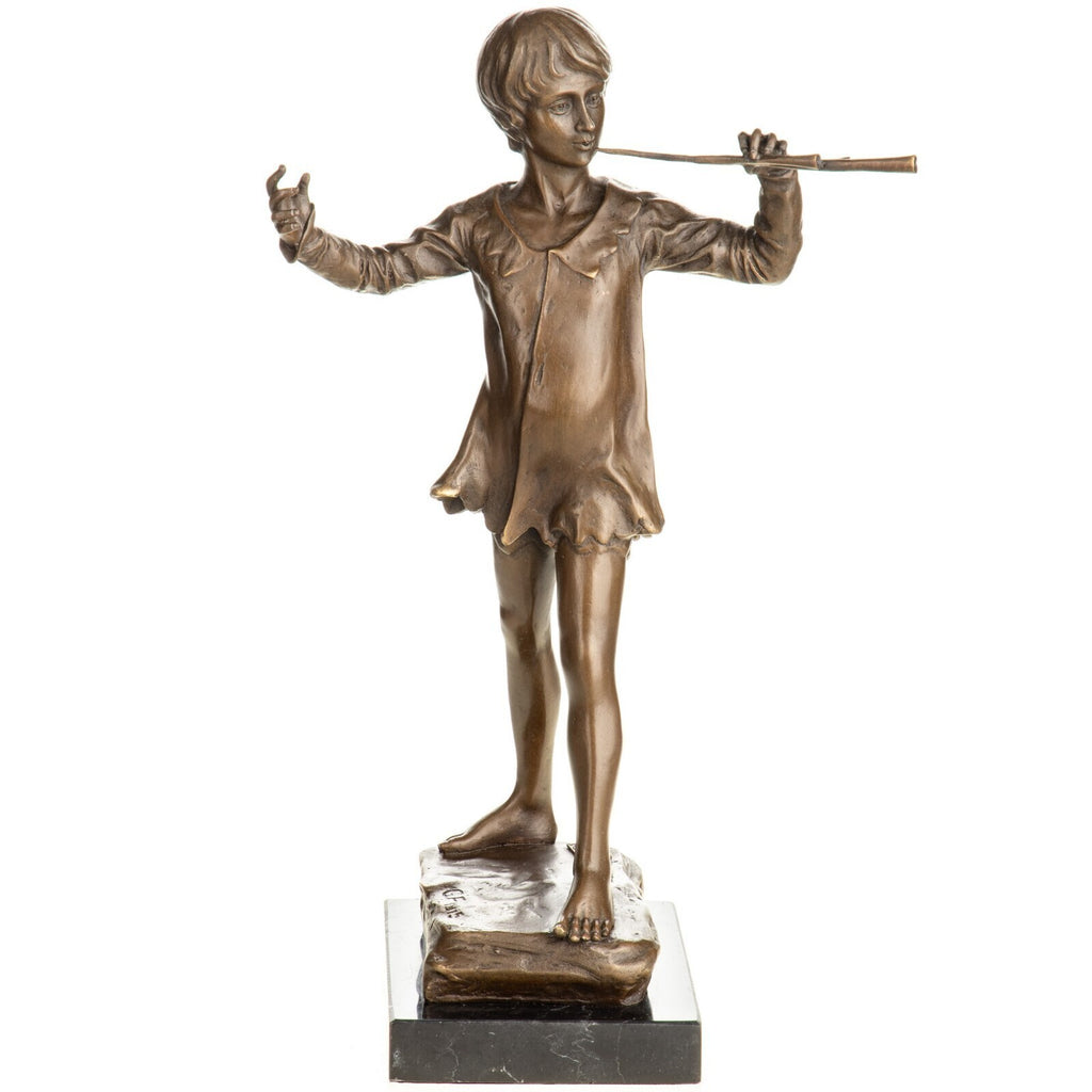 Bronze Skulptur Junge mit Flöte – signierte Musikerfigur auf Marmorsockel