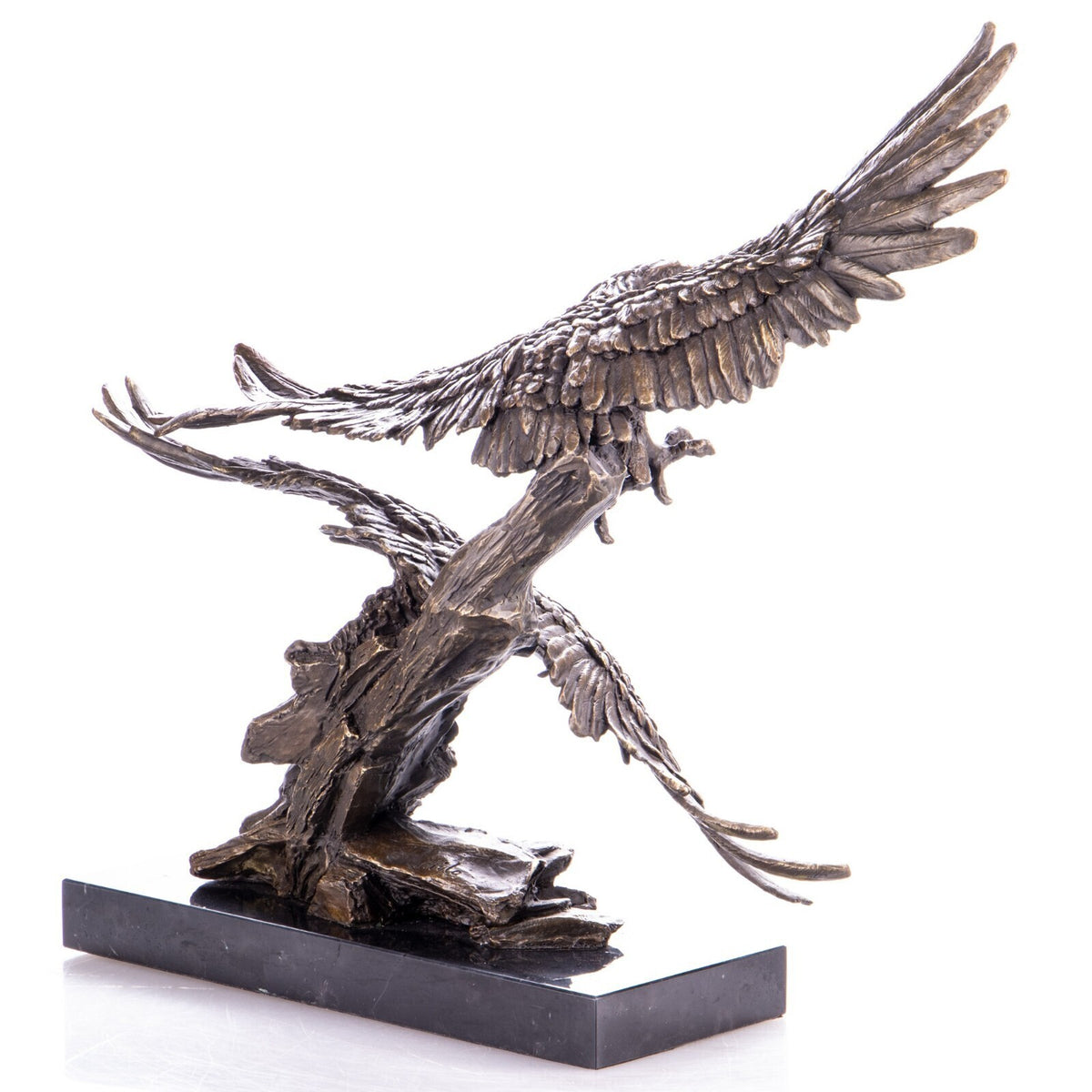 Bronze Skulptur zwei Adler im Flug – signierte Tierfigur auf Marmorsockel