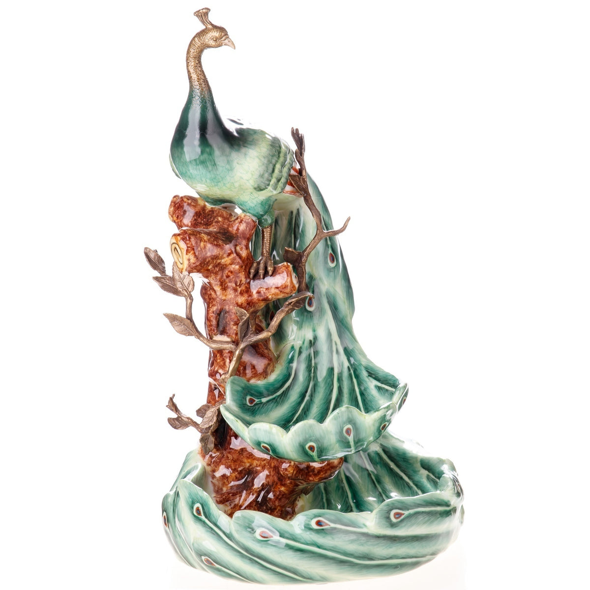 Pfauenschale aus Porzellan & Bronze – grüne Prunkschale mit Pfauenfigur, 45 cm
