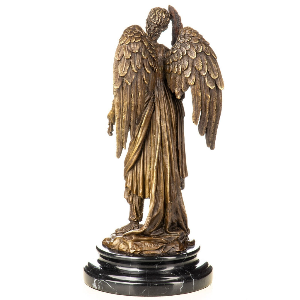 Engel mit Violine & Feder Bronze Skulptur auf Marmor – signierte Bronzefigur