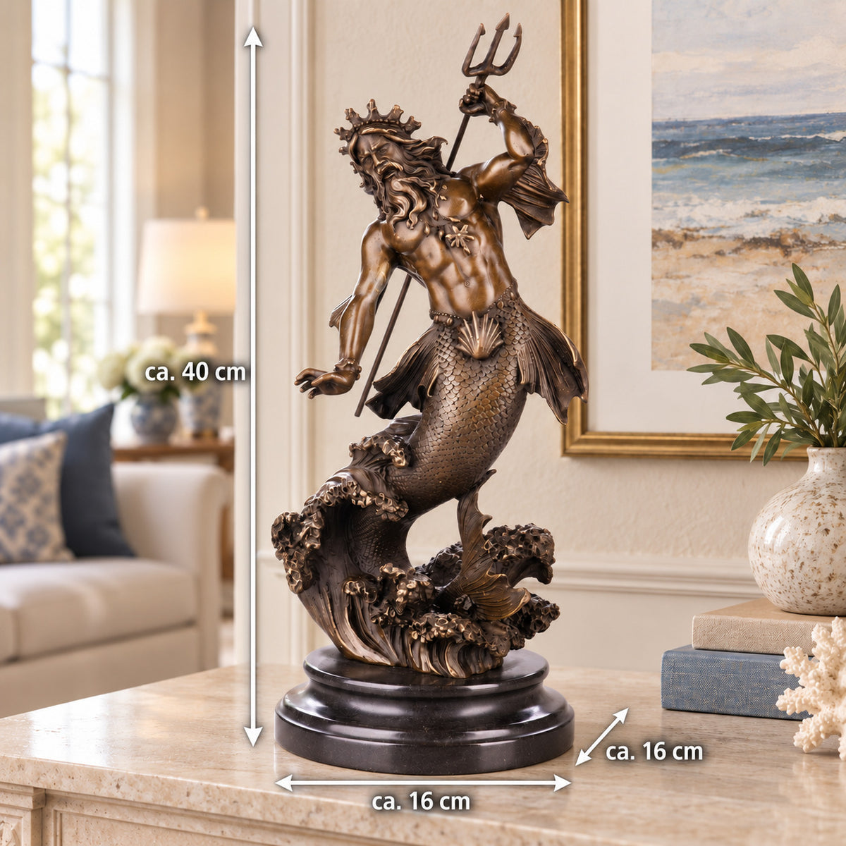 Bronze Skulptur Neptun / Poseidon - signierte Mythologie Figur auf Marmorsockel