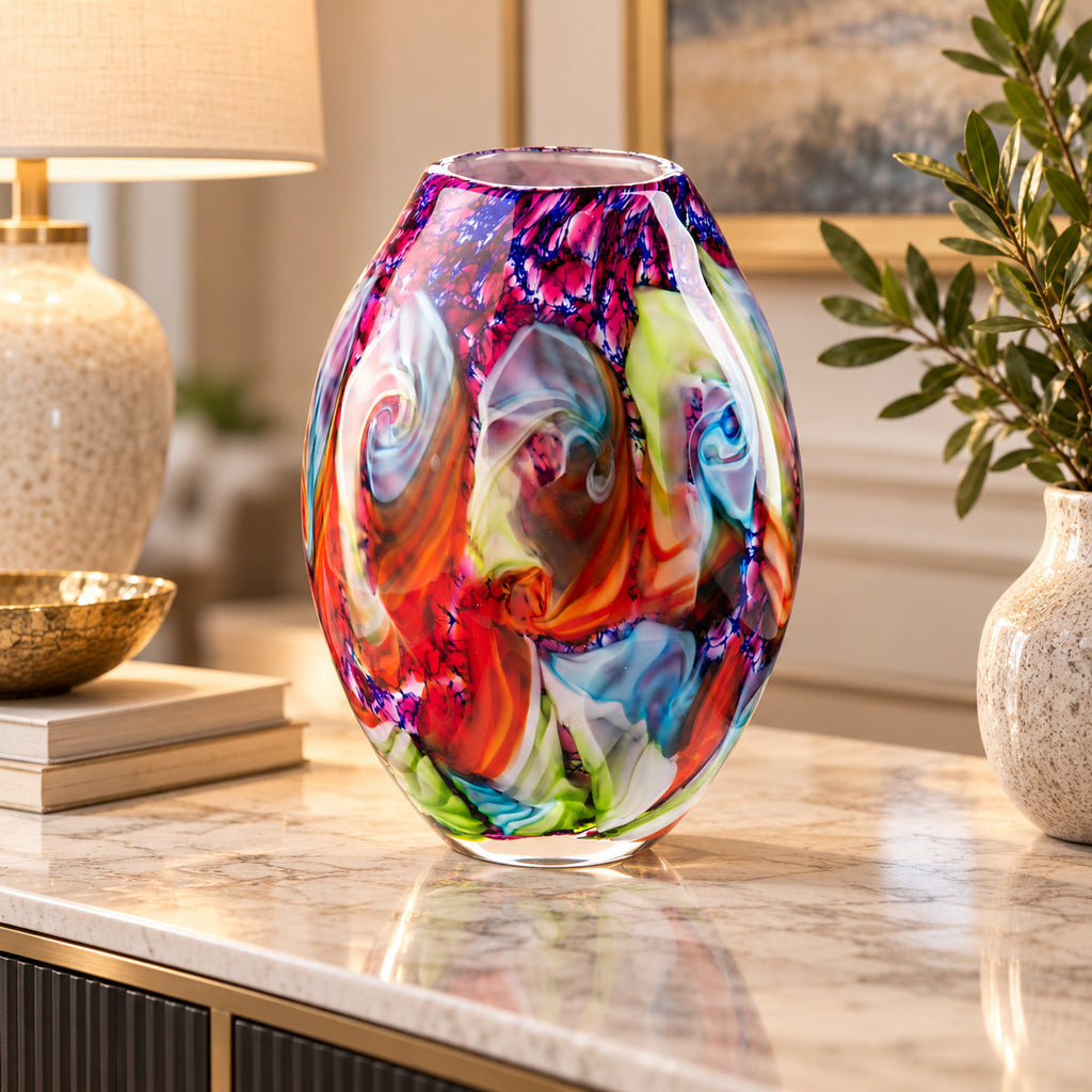 Exklusive Murano Glas Vase – Farbenprächtige Glasvase mit abstraktem Muster