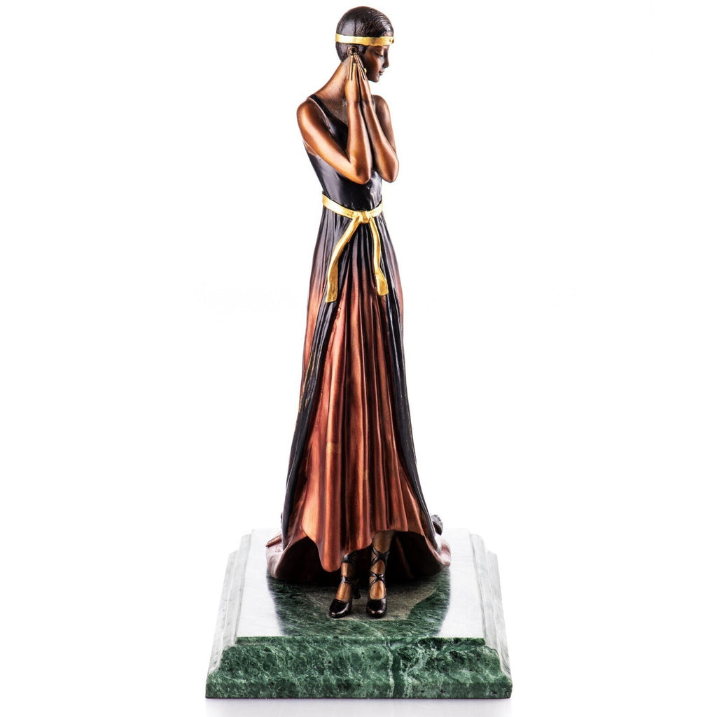Bronze Skulptur Art-déco Frau im Abendkleid – signierte Figur auf Marmorsockel